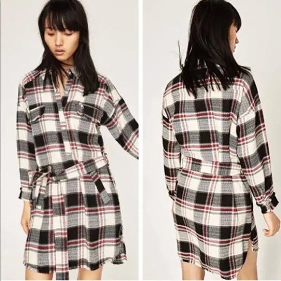 Zara Plaid Flannel Belted Mini Dress Black Red Size Small - Picture 1 of 4